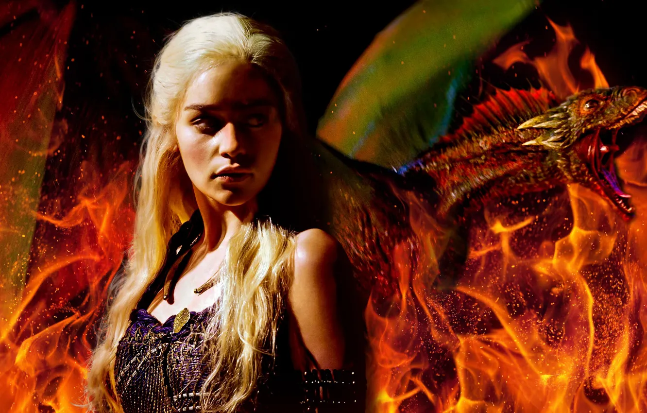 Photo wallpaper flame, dragon, Game Of Thrones, Game of Thrones, Emilia Clarke, Emilia Clarke