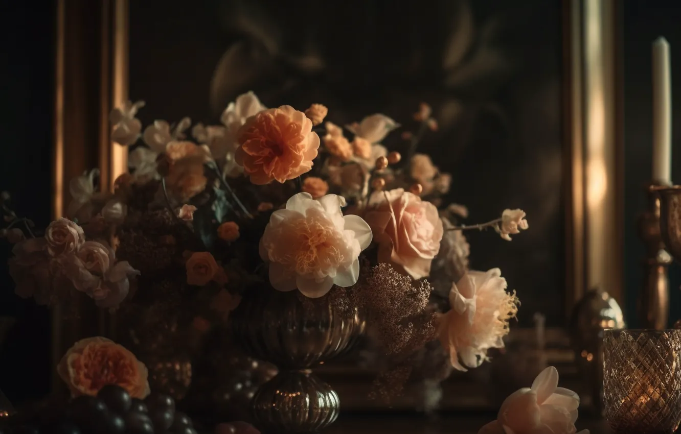 Photo wallpaper light, flowers, orange, table, room, roses, bouquet, picture