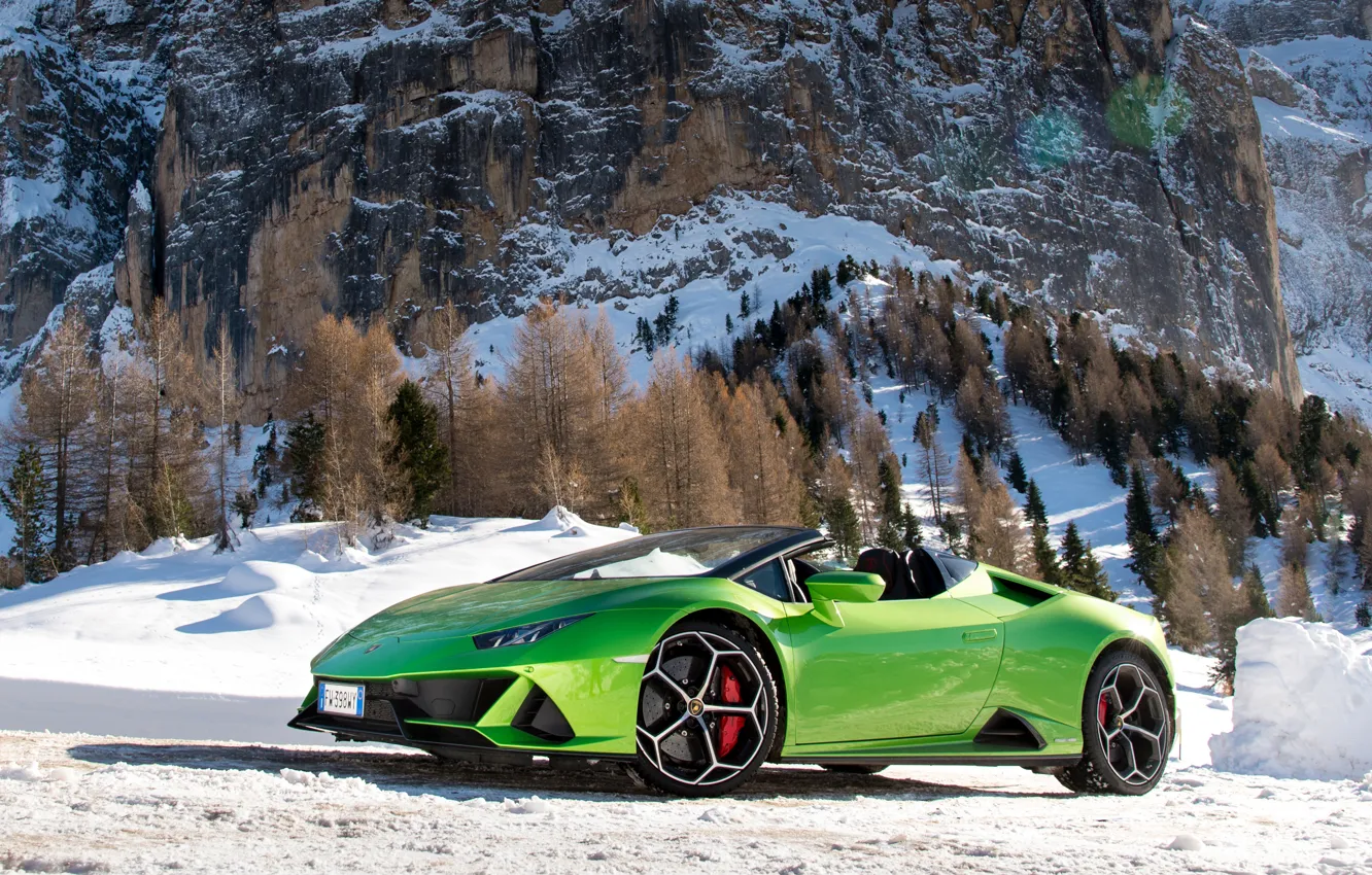 Photo wallpaper hurakan, Lamborghini, snow, mountains, Hurricane, Huracan EVO, evo