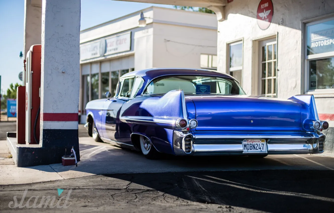 Photo wallpaper Car, Blue, Coupe, Cadillac Deville, Filling station