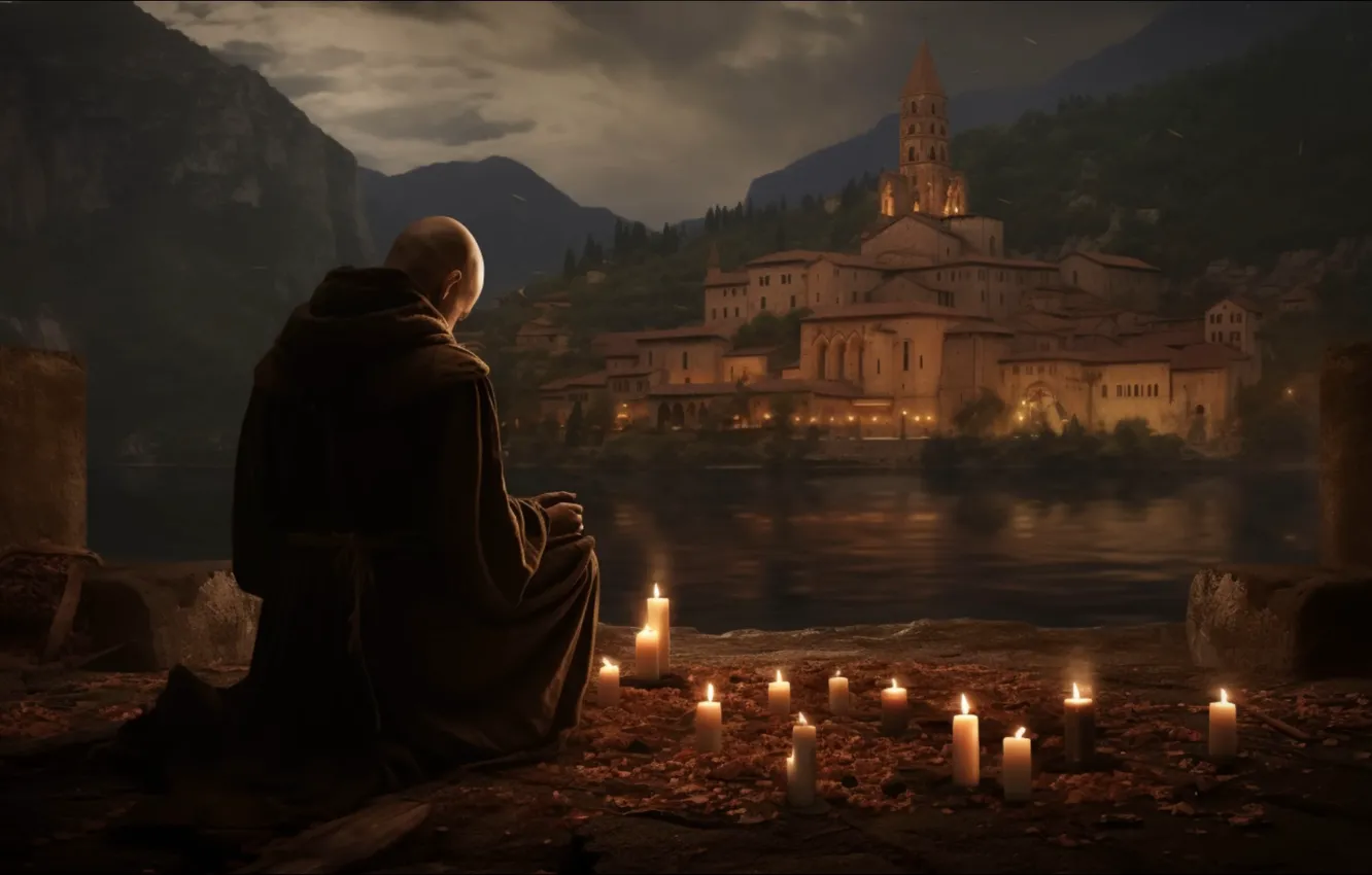 Photo wallpaper lights, lake, candles, monk, monastery, Prayer