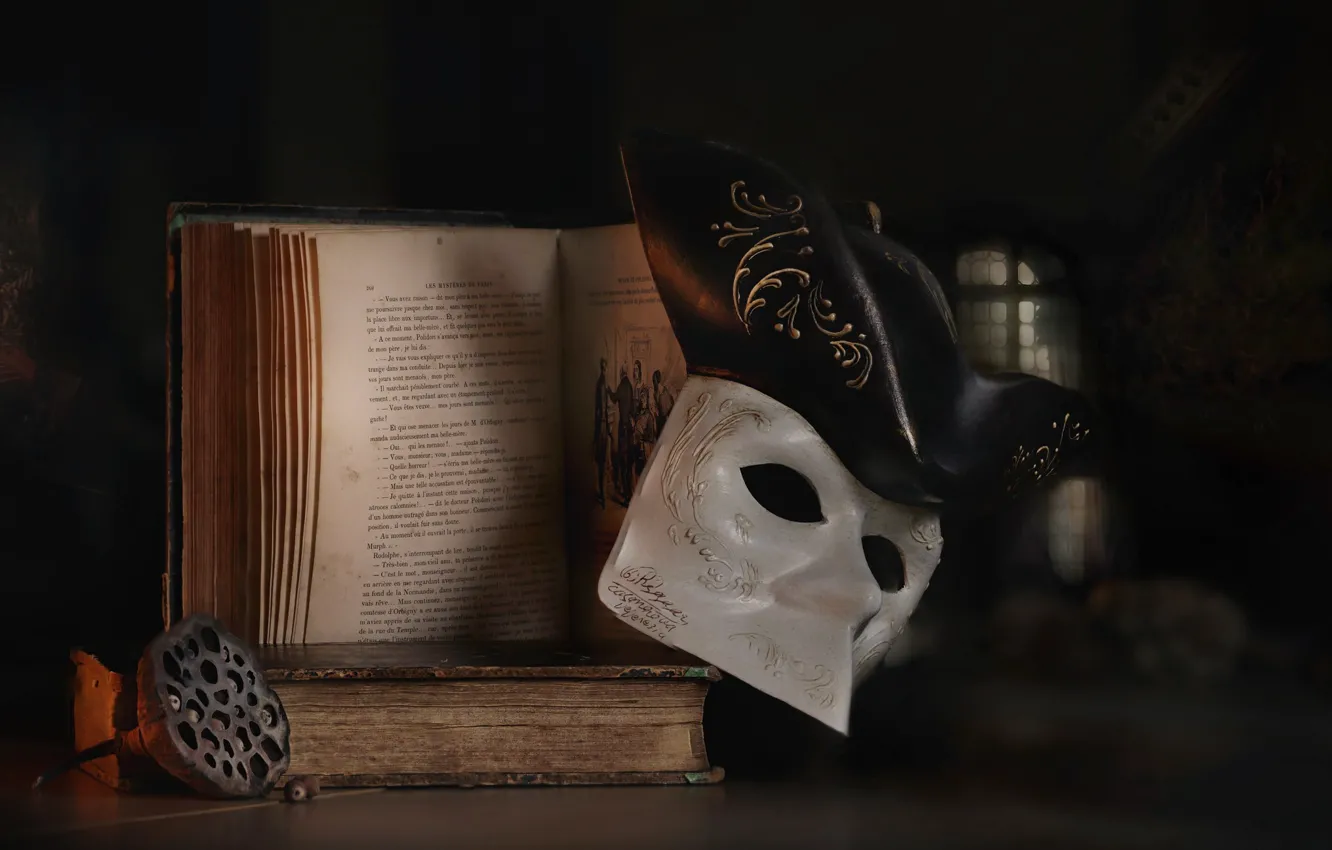 Photo wallpaper mask, book, still life