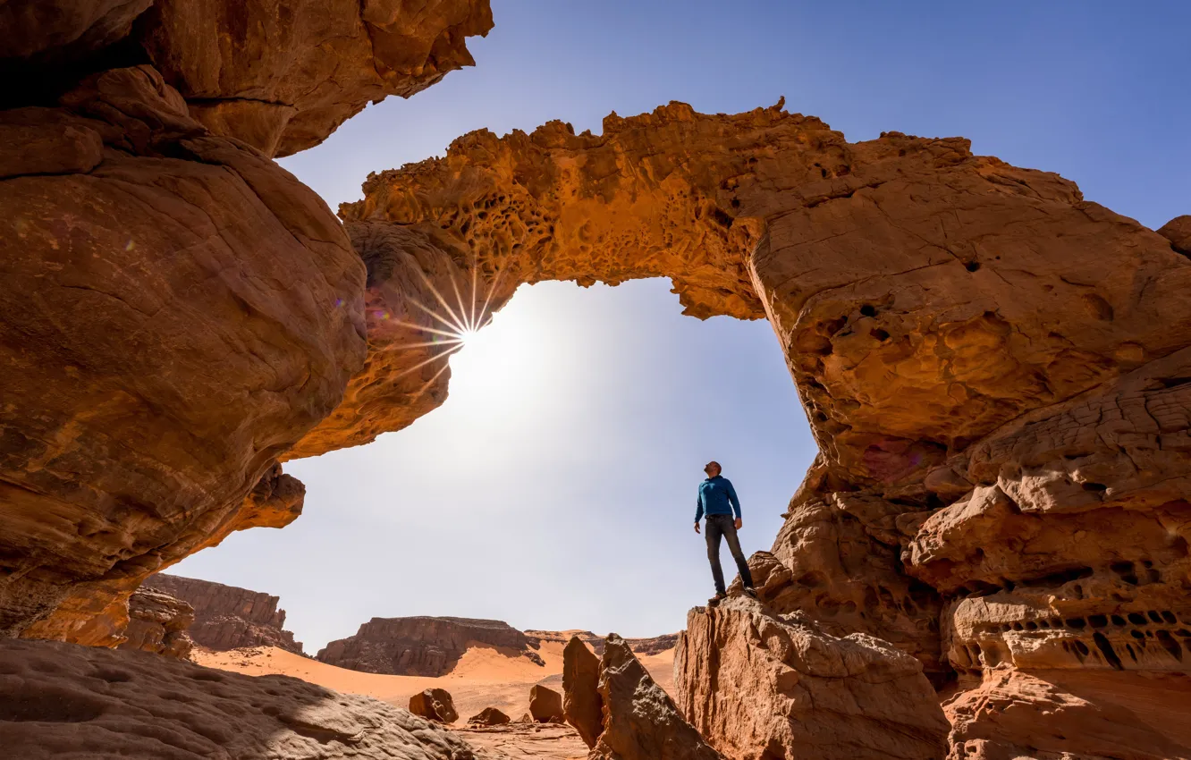 Photo wallpaper the sun, arch, male, Algeria, Algeria, natural arch, Natural arch, Tassili N'ajjer National Park