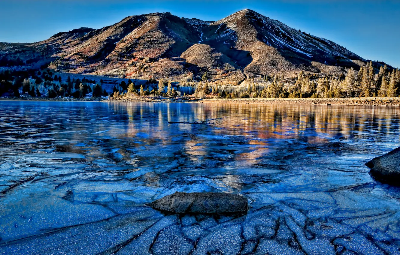 Photo wallpaper the sky, trees, mountains, lake, stones