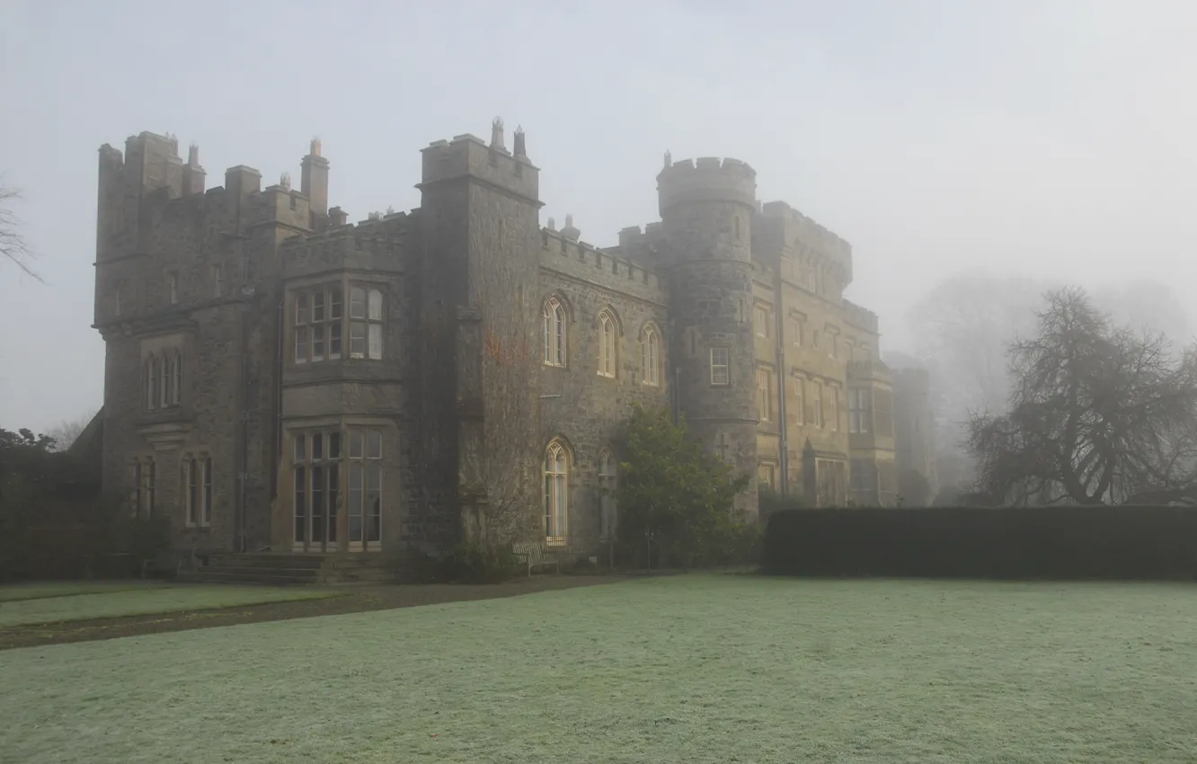 Photo wallpaper the sky, trees, fog, lawn, UK, architecture, Wales, Wales