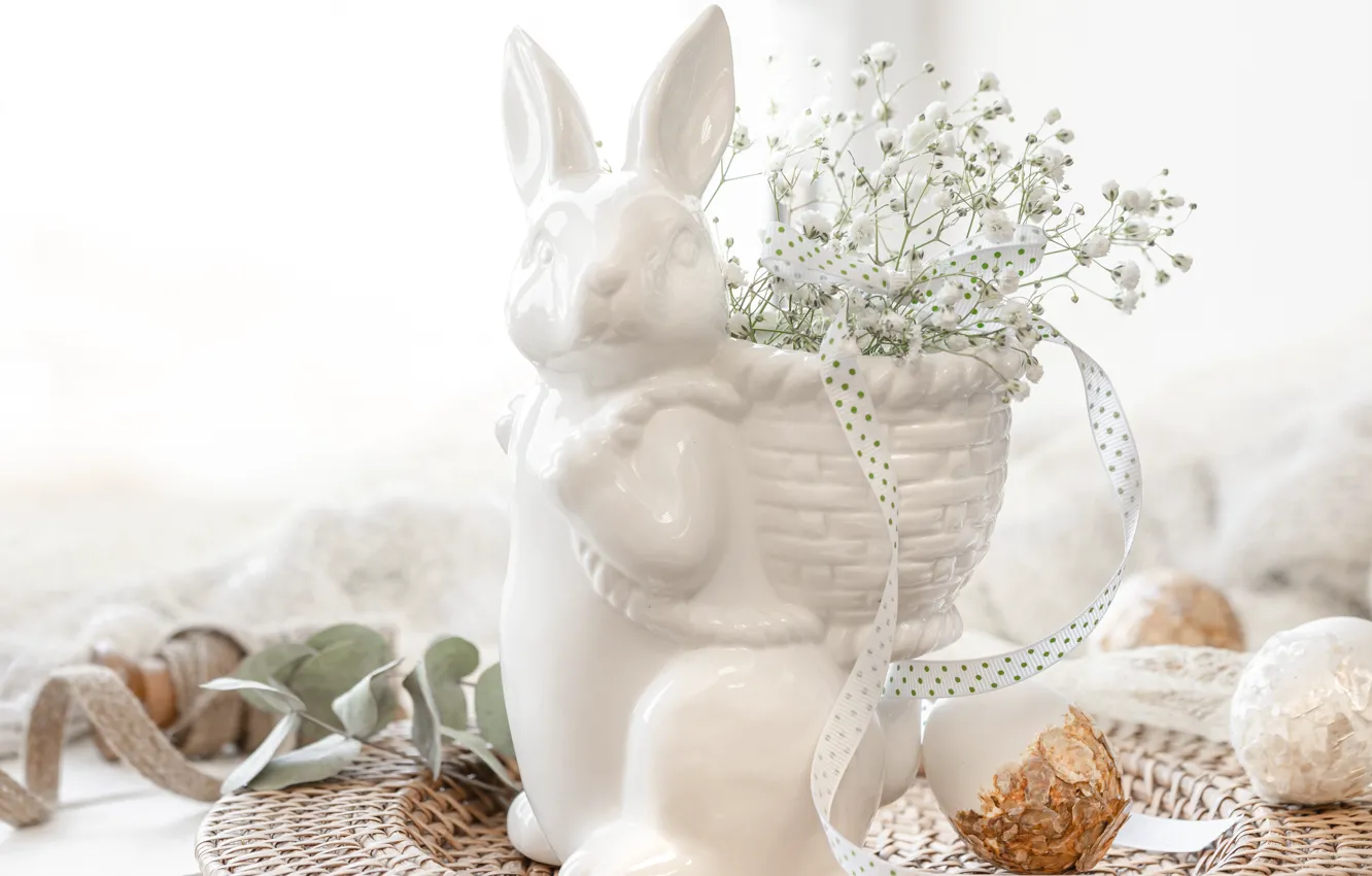 Photo wallpaper white, leaves, light, flowers, holiday, toy, eggs, spring