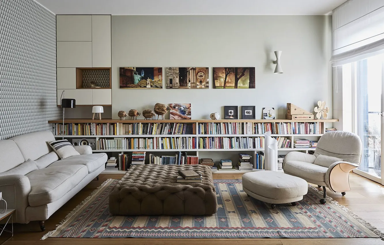 Photo wallpaper design, style, interior, Italy, library, Milan, living room, Private Apartment in Milano