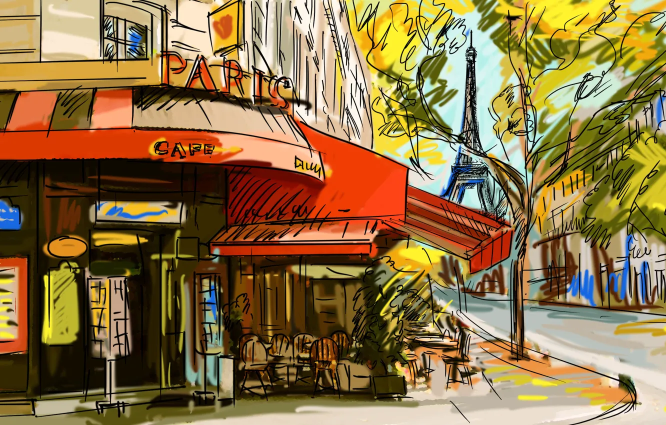Photo wallpaper tree, figure, Eiffel tower, Paris, cafe, France, street