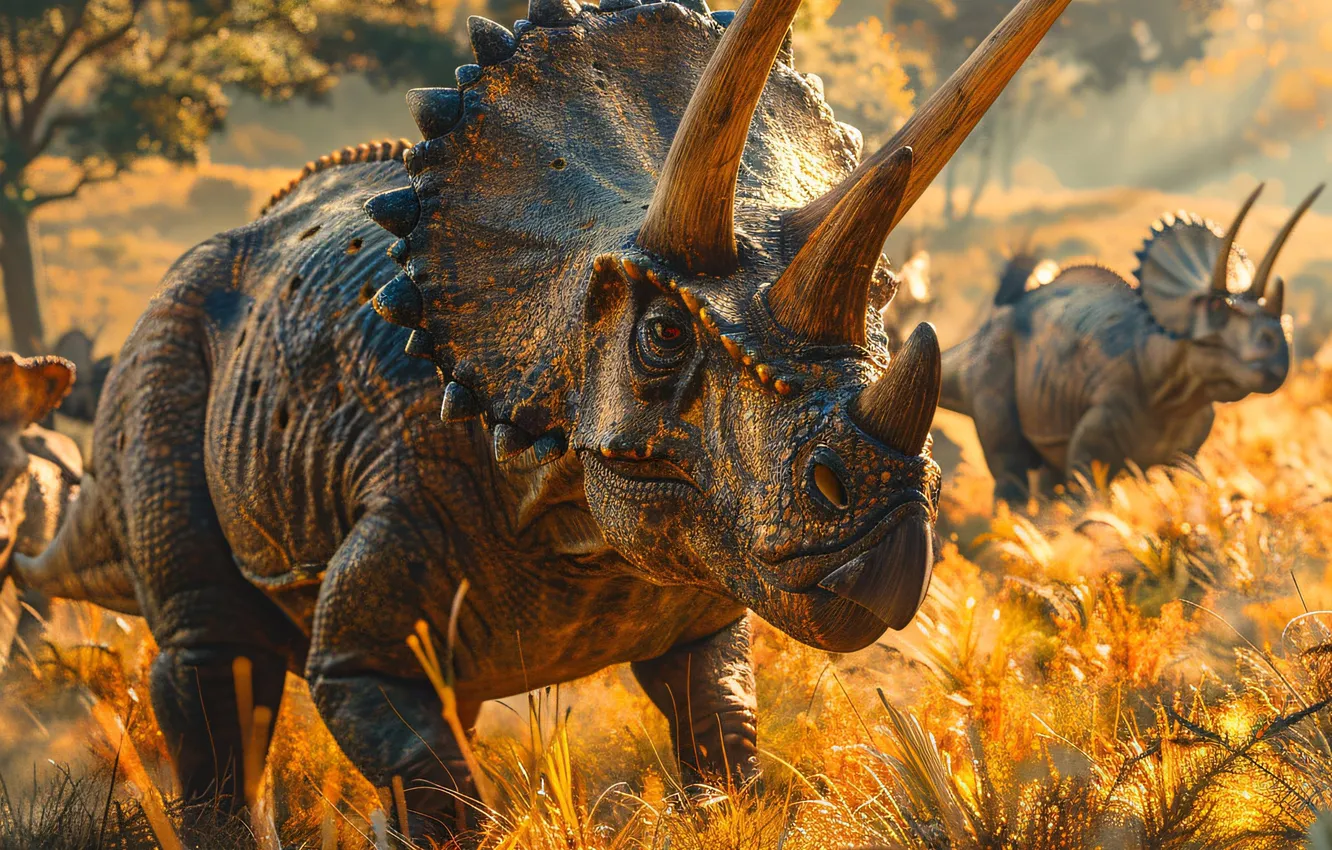 Photo wallpaper grass, trees, animal, dinosaur, horns, Triceratops, digital art, Triceratops