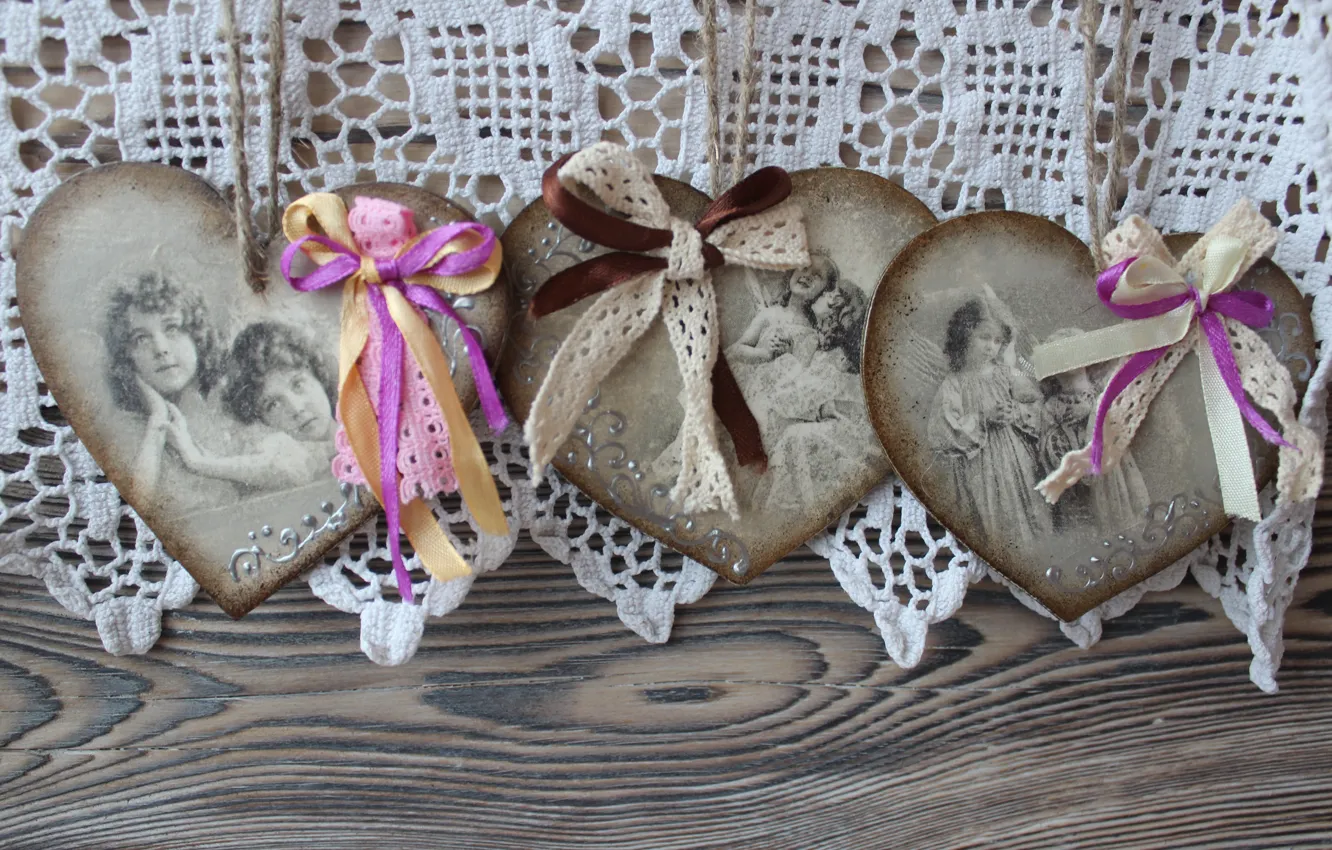 Photo wallpaper heart, girl, bow, vintage, decoupage