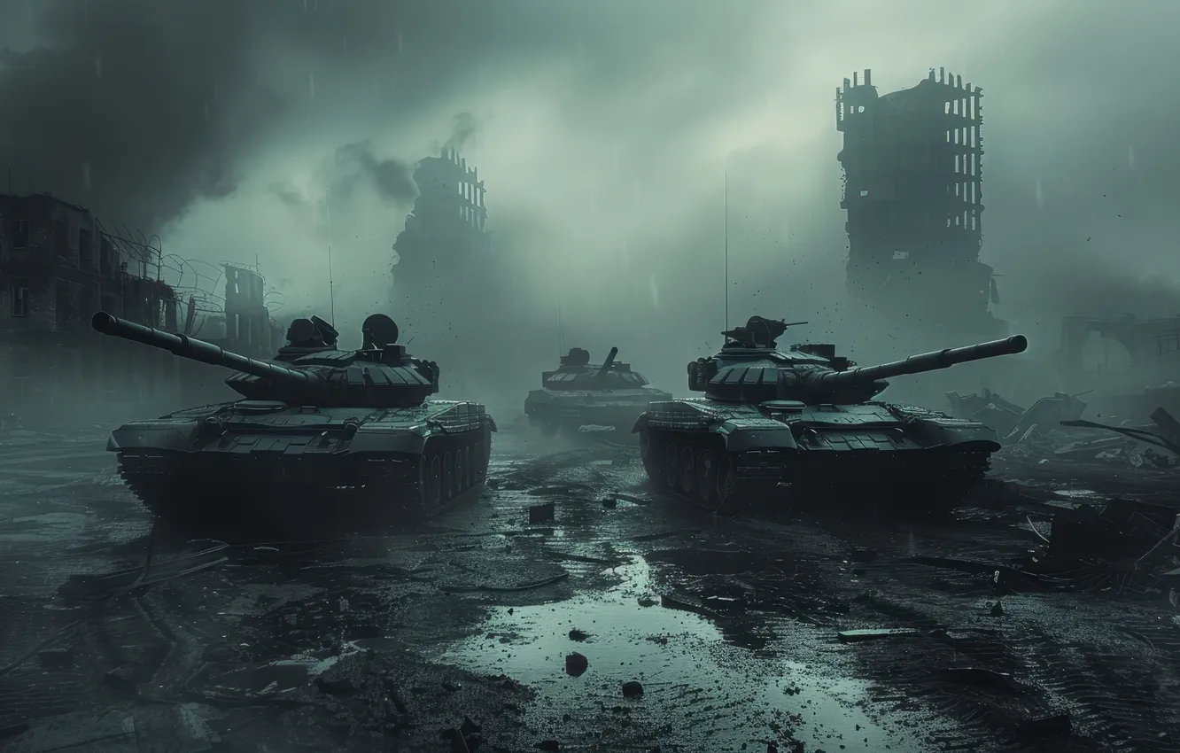 Photo wallpaper smoke, building, home, puddle, dirt, tank, devastation, digital art