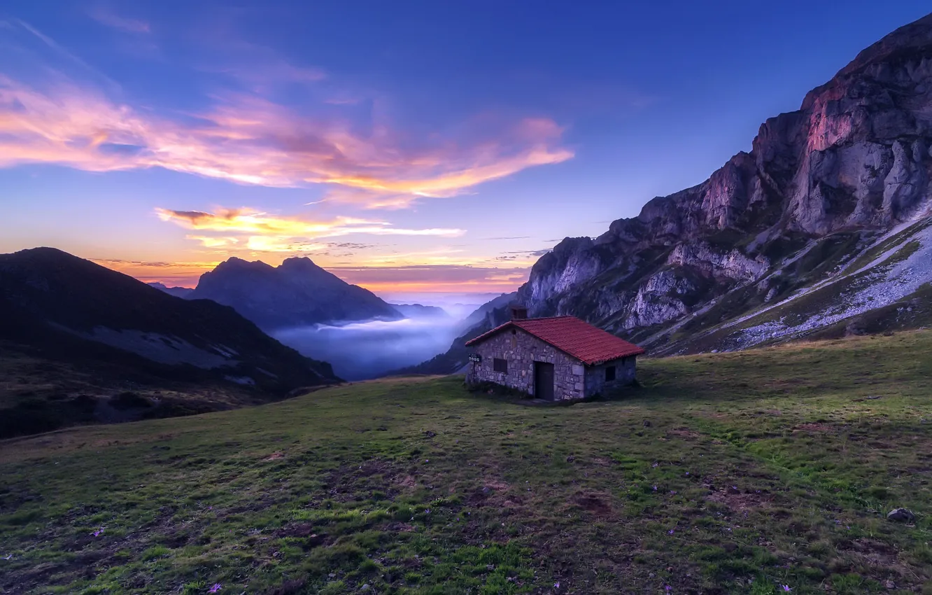 Photo wallpaper sunset, mountains, home