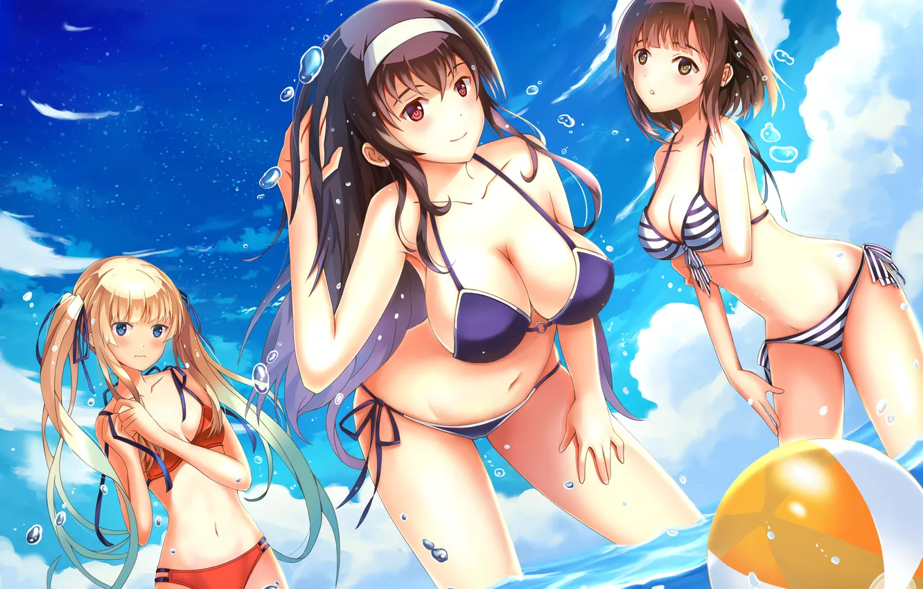 Photo wallpaper girl, sexy, cleavage, beach, sky, long hair, sea, brown hair