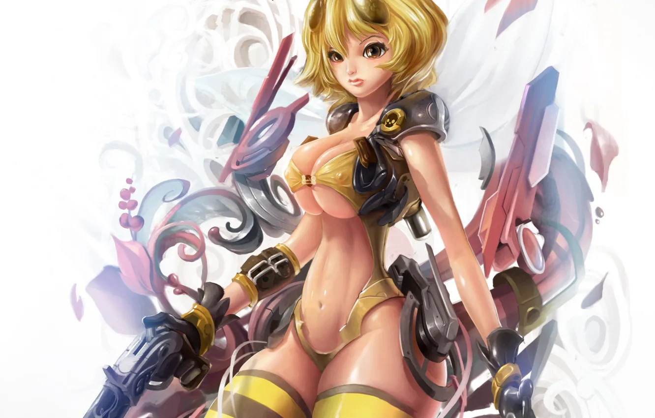 Photo wallpaper chest, girl, strip, bee, weapons, wings, art, insect