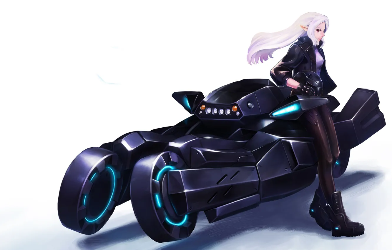 Photo wallpaper look, girl, smile, background, motorcycle, elf, art, solokov
