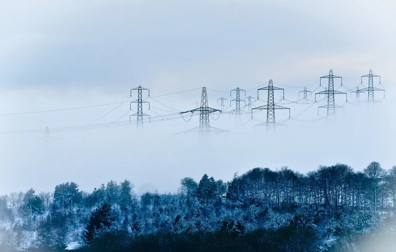 Photo wallpaper landscape, fog, power lines