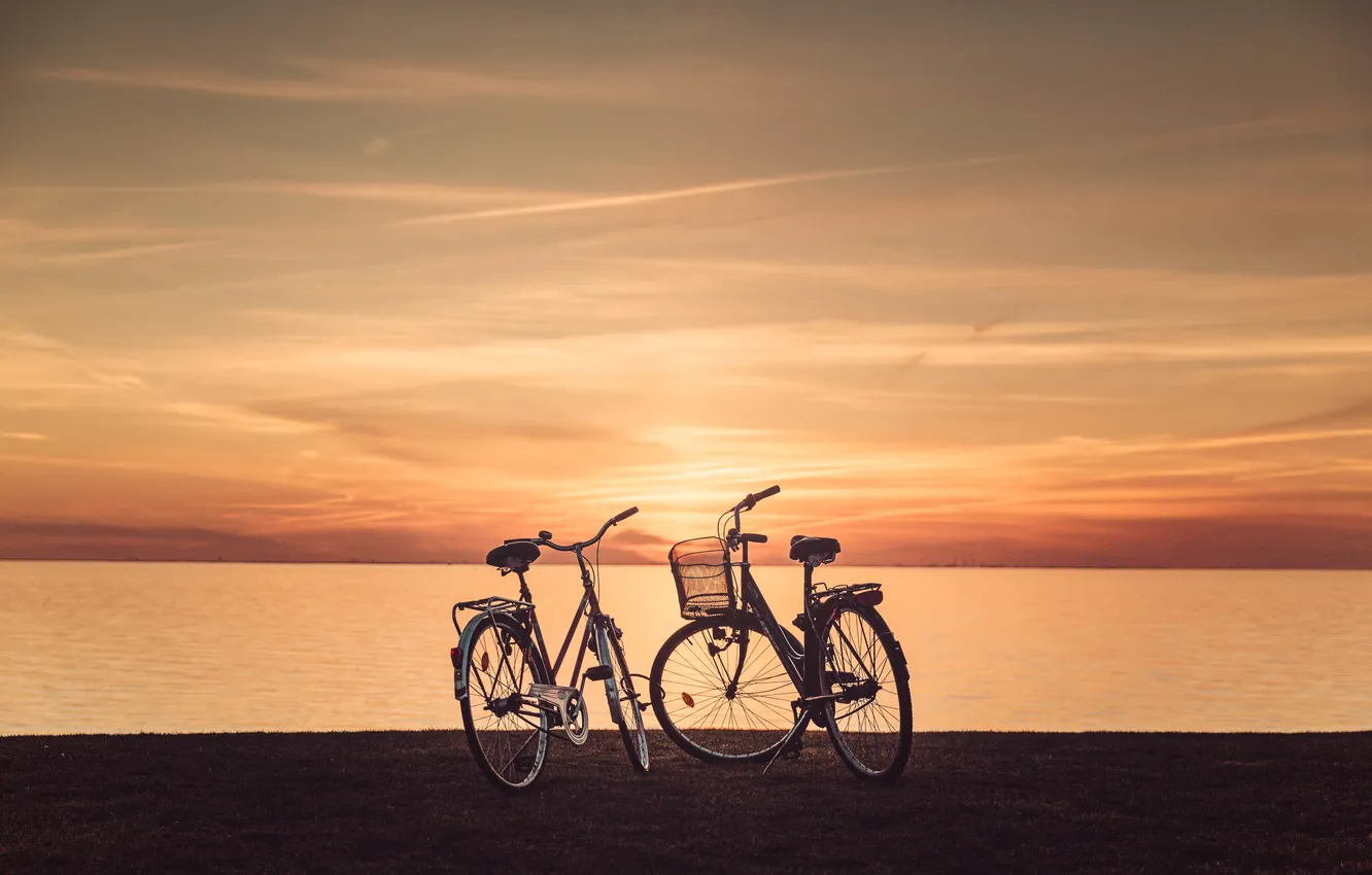 Photo wallpaper the sky, grass, clouds, sunset, bike, lake, horizon