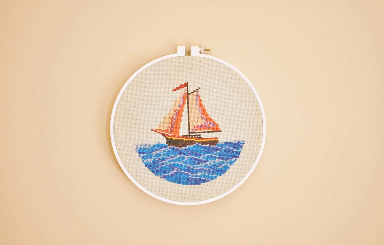 Photo wallpaper sea, water, ship, thread, embroidery, canvas