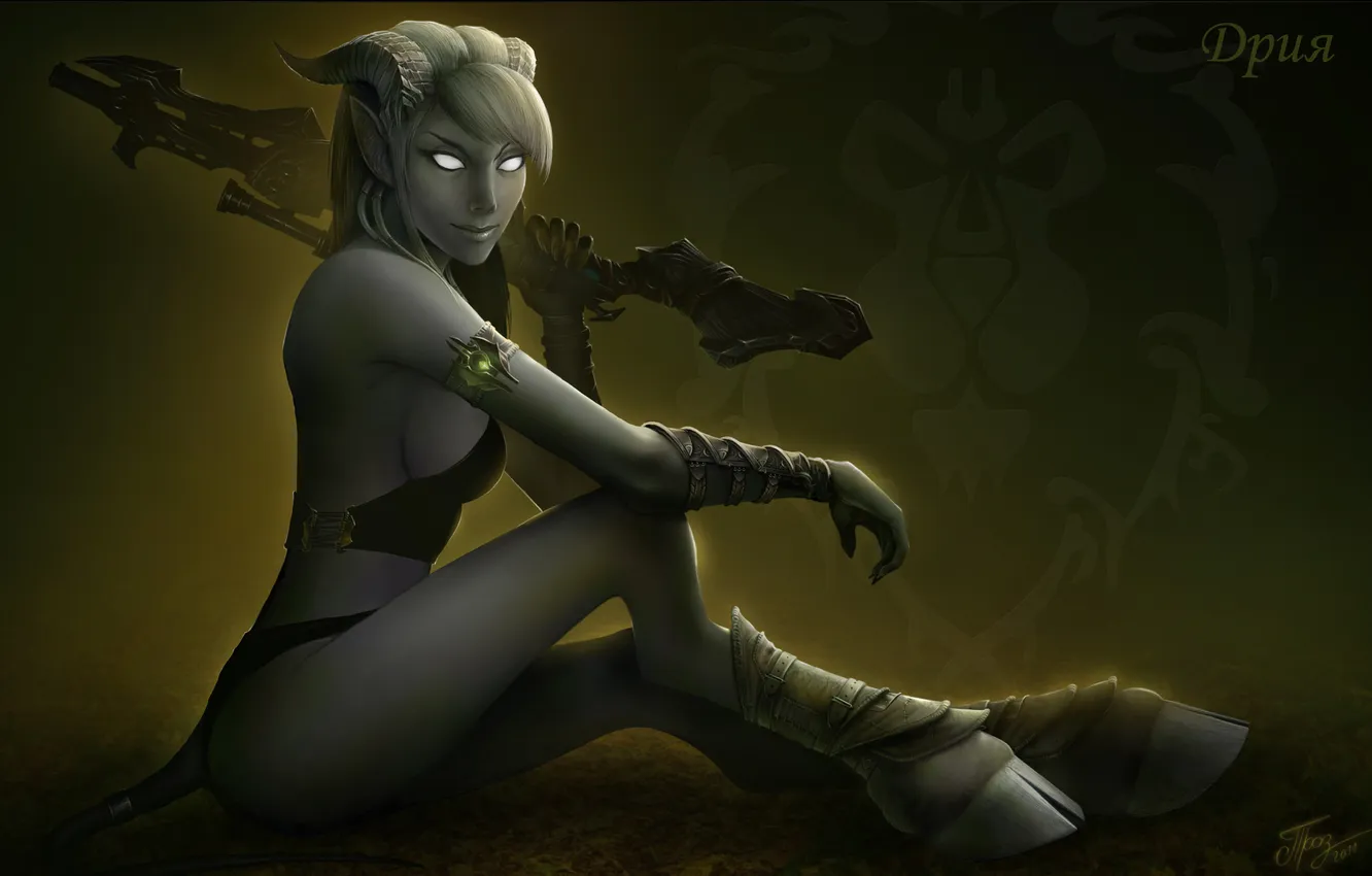 Photo wallpaper weapons, horns, the gun, warcraft, wow, drenaka, white eyes