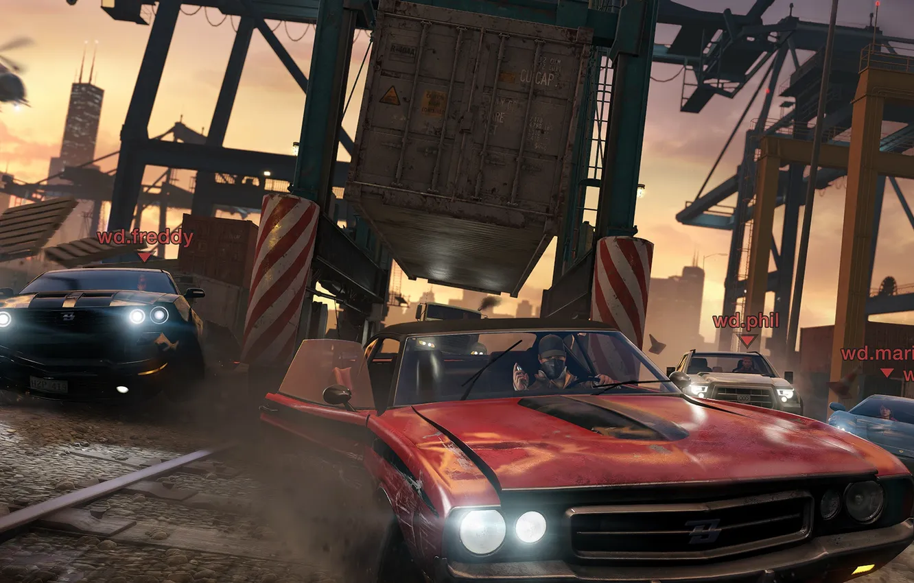 Photo wallpaper race, cars, helicopter, container, Watch Dogs