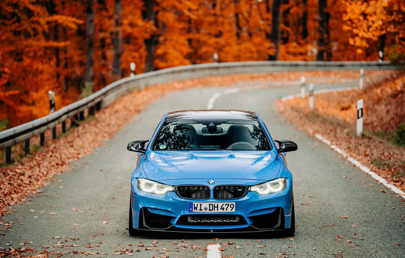 Photo wallpaper BMW, Blue, Autumn, Road, F80, Sight