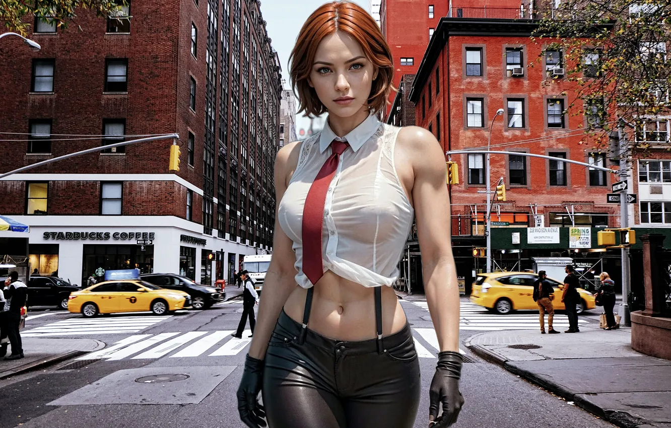 Photo wallpaper look, girl, the city, street, tummy, figure, art, tie