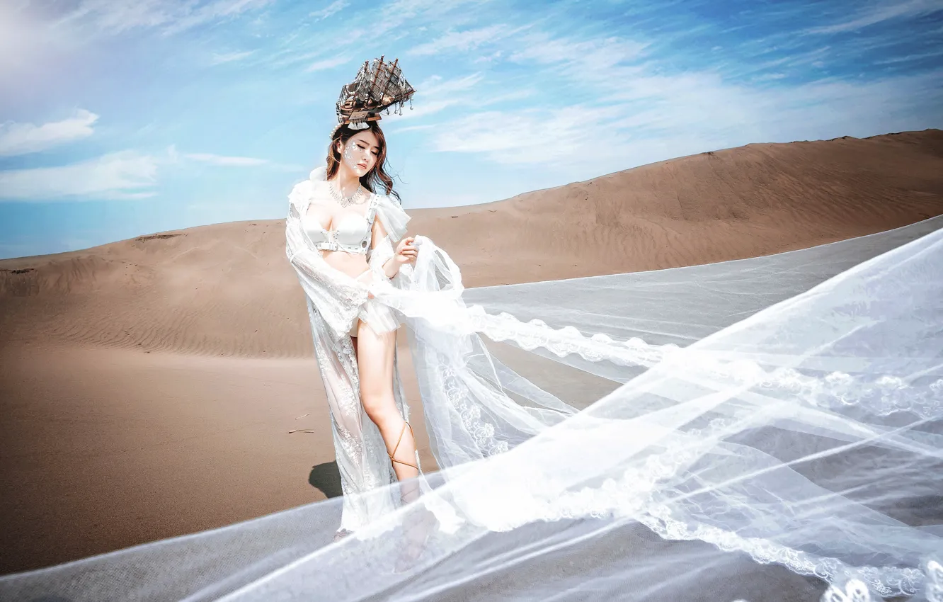 Photo wallpaper sand, the sky, girl, nature, shore, linen, ship, dress