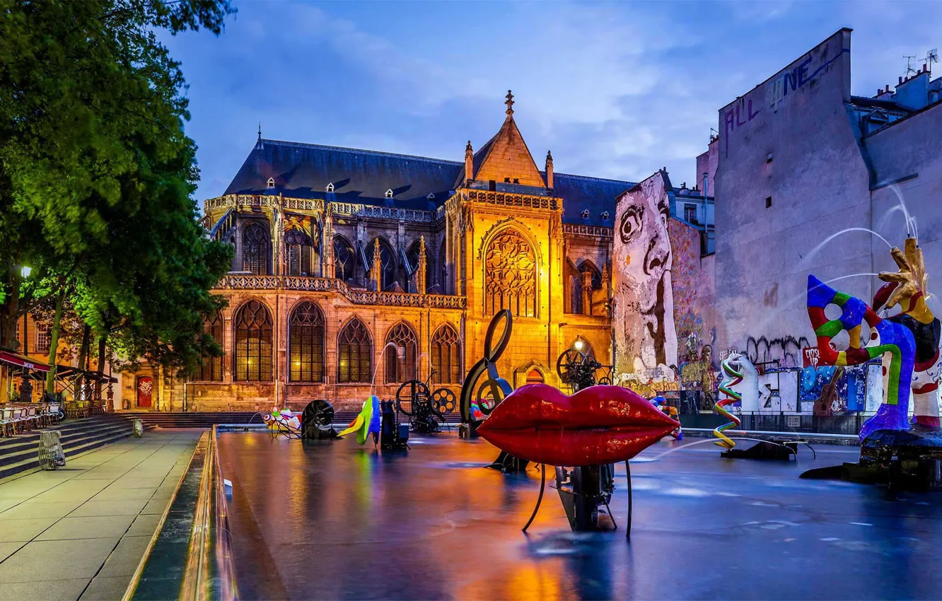 Photo wallpaper lights, France, Paris, Church, The Stravinsky Fountain