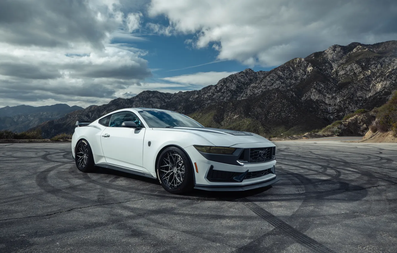 Photo wallpaper Ford, white, Front, clouds, mountain, Ford Mustan