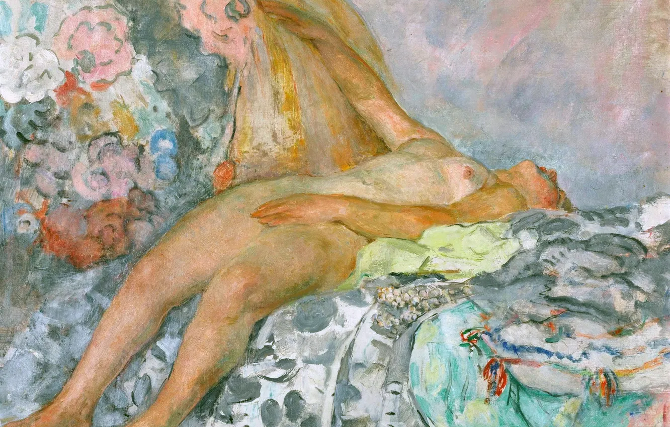 Photo wallpaper girl, bed, picture, naked, French artist, Henri Lebasque, Henri Lebacq, Naked lying on a floral …