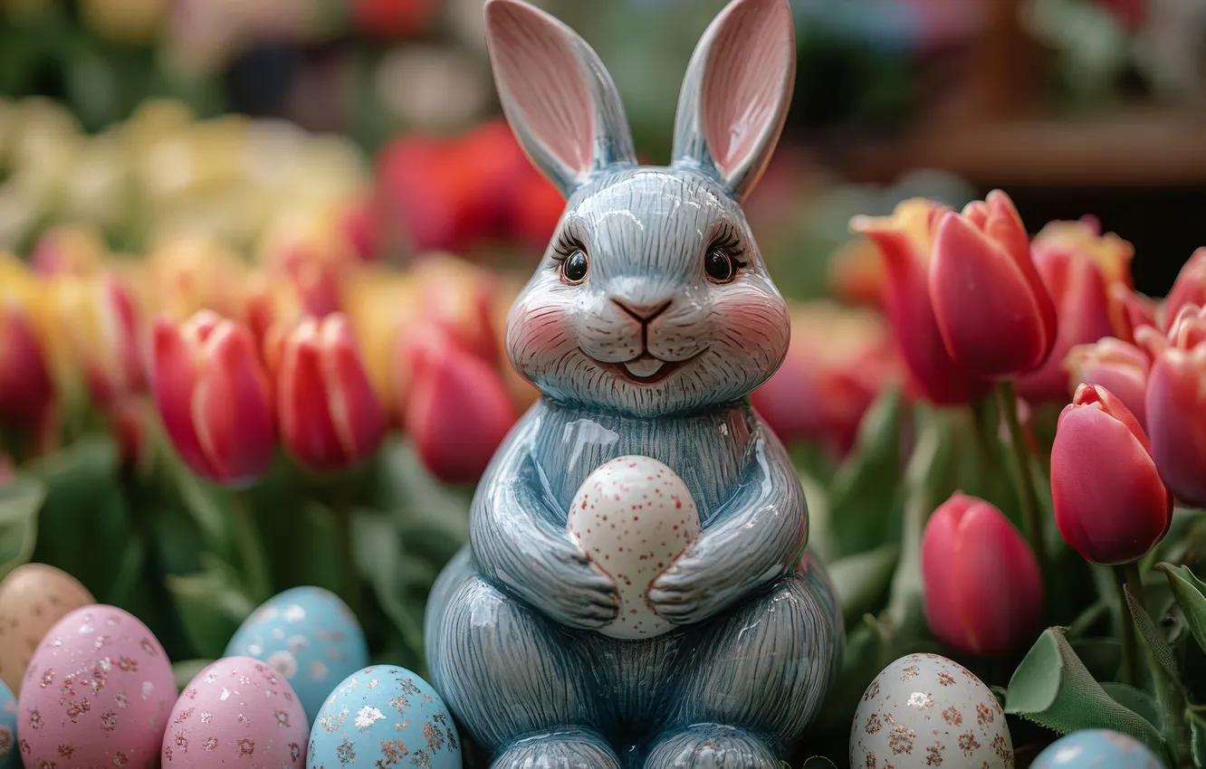 Photo wallpaper flowers, red, smile, holiday, toy, eggs, spring, rabbit