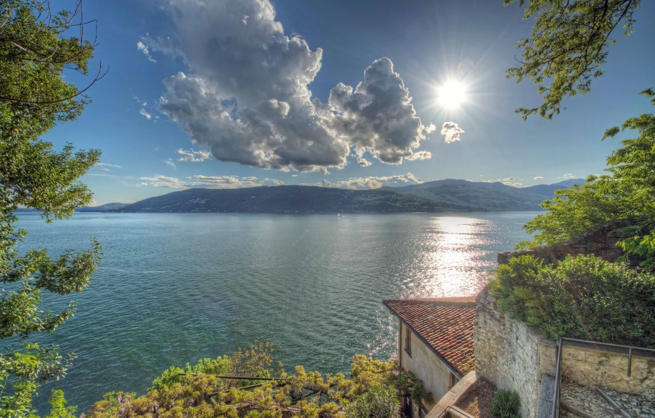 Photo wallpaper clouds, mountains, lake, Italy, Italy, water surface, Leggiuno, Lombardia