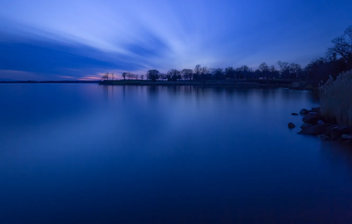 Photo wallpaper the sky, trees, sunset, lake, shore, the evening, Forest, twilight