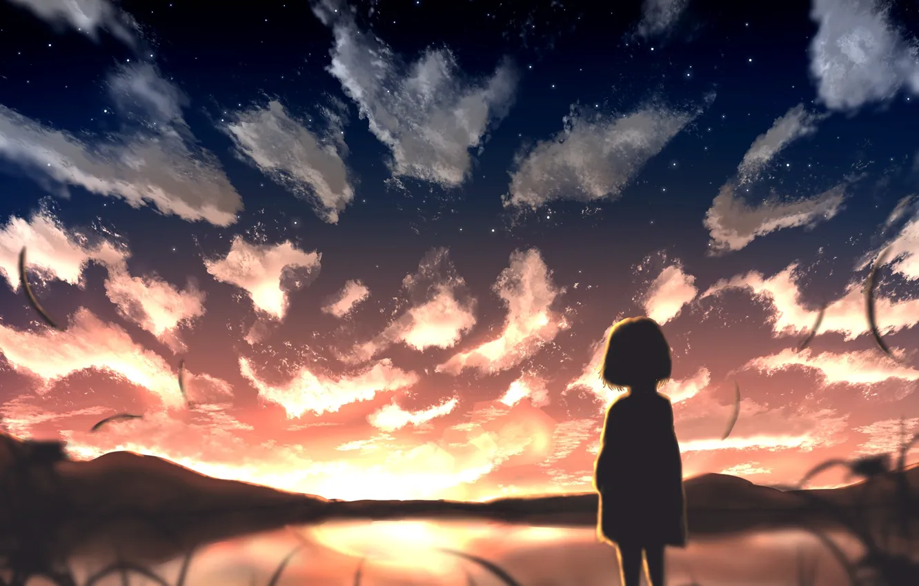 Photo wallpaper the sky, clouds, sunset, nature, girl