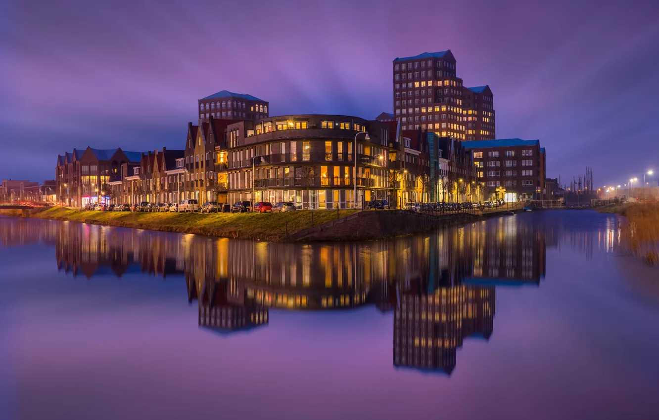 Photo wallpaper the sky, night, the city, reflection, river, building, home, backlight