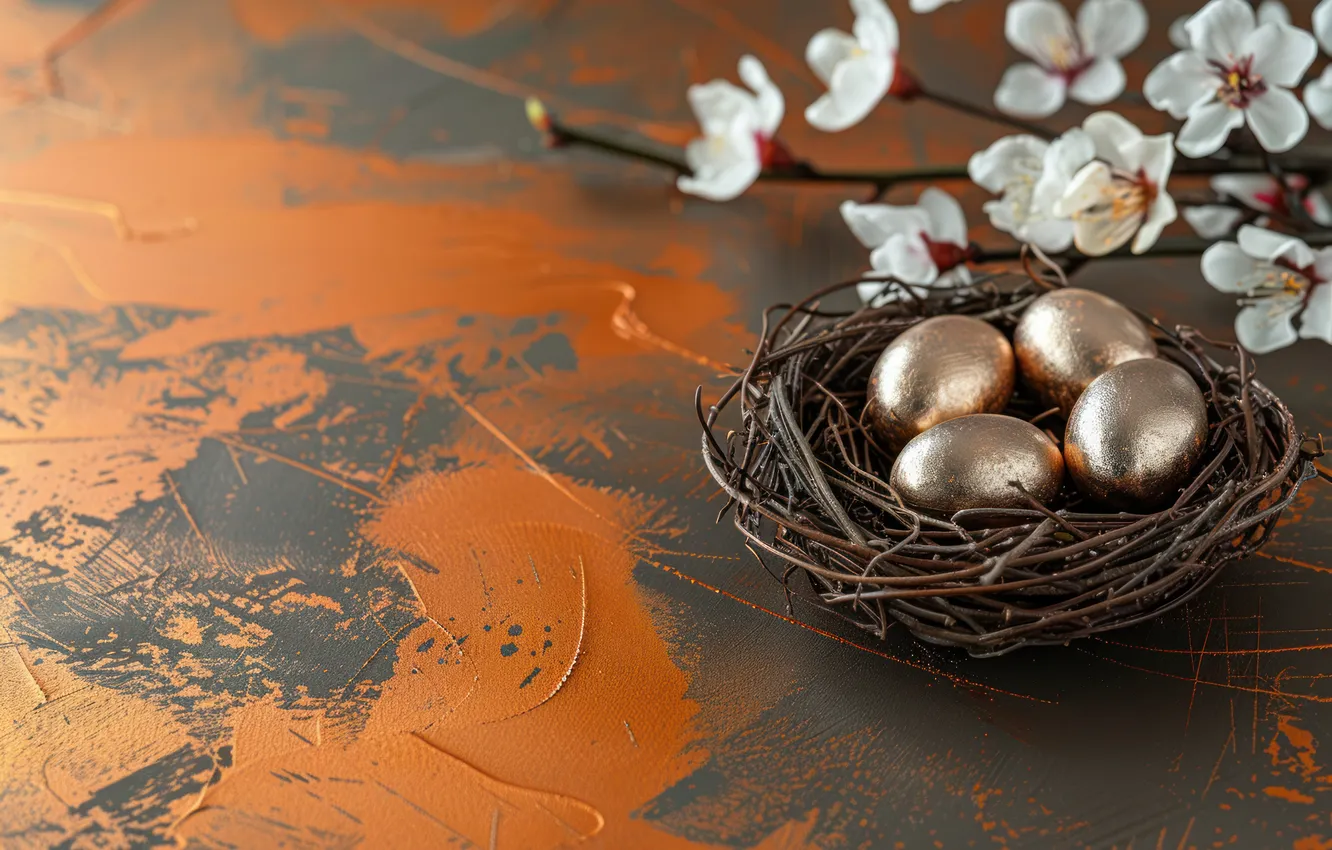 Photo wallpaper flowers, background, holiday, eggs, Easter, socket, gold, AI art