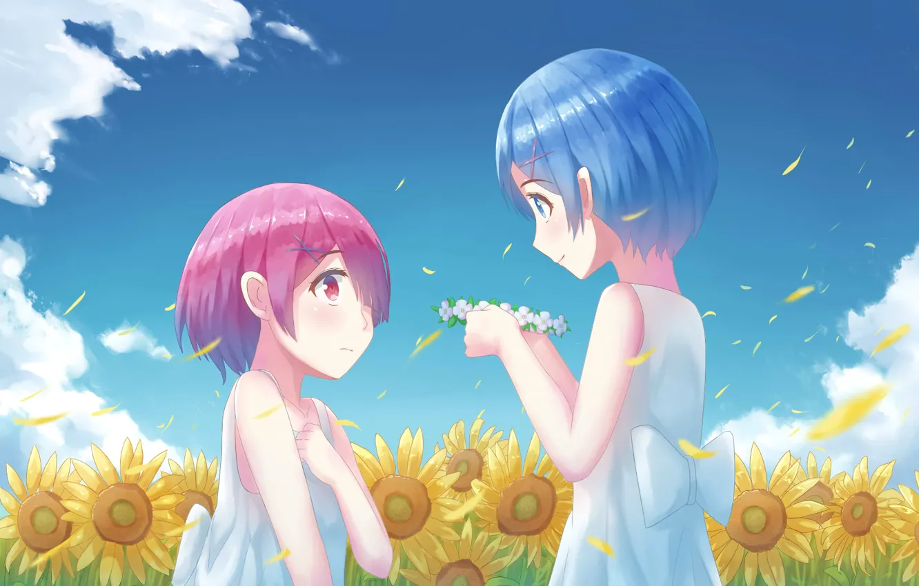 Photo wallpaper sunflowers, anime, sisters, Ram, Rem, re zero kara hajime chip isek or seikatsu