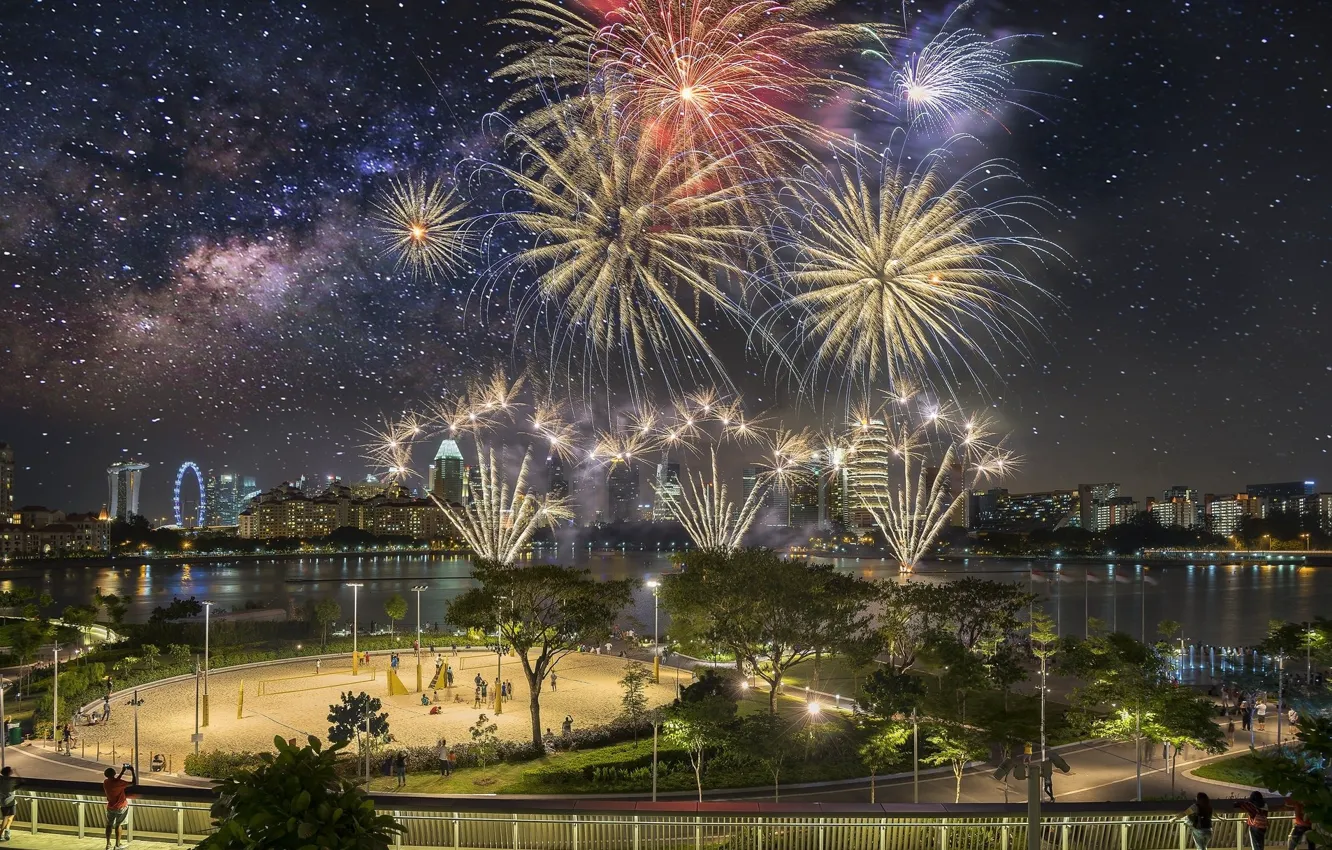 Photo wallpaper night, the city, salute, panorama, Singapore