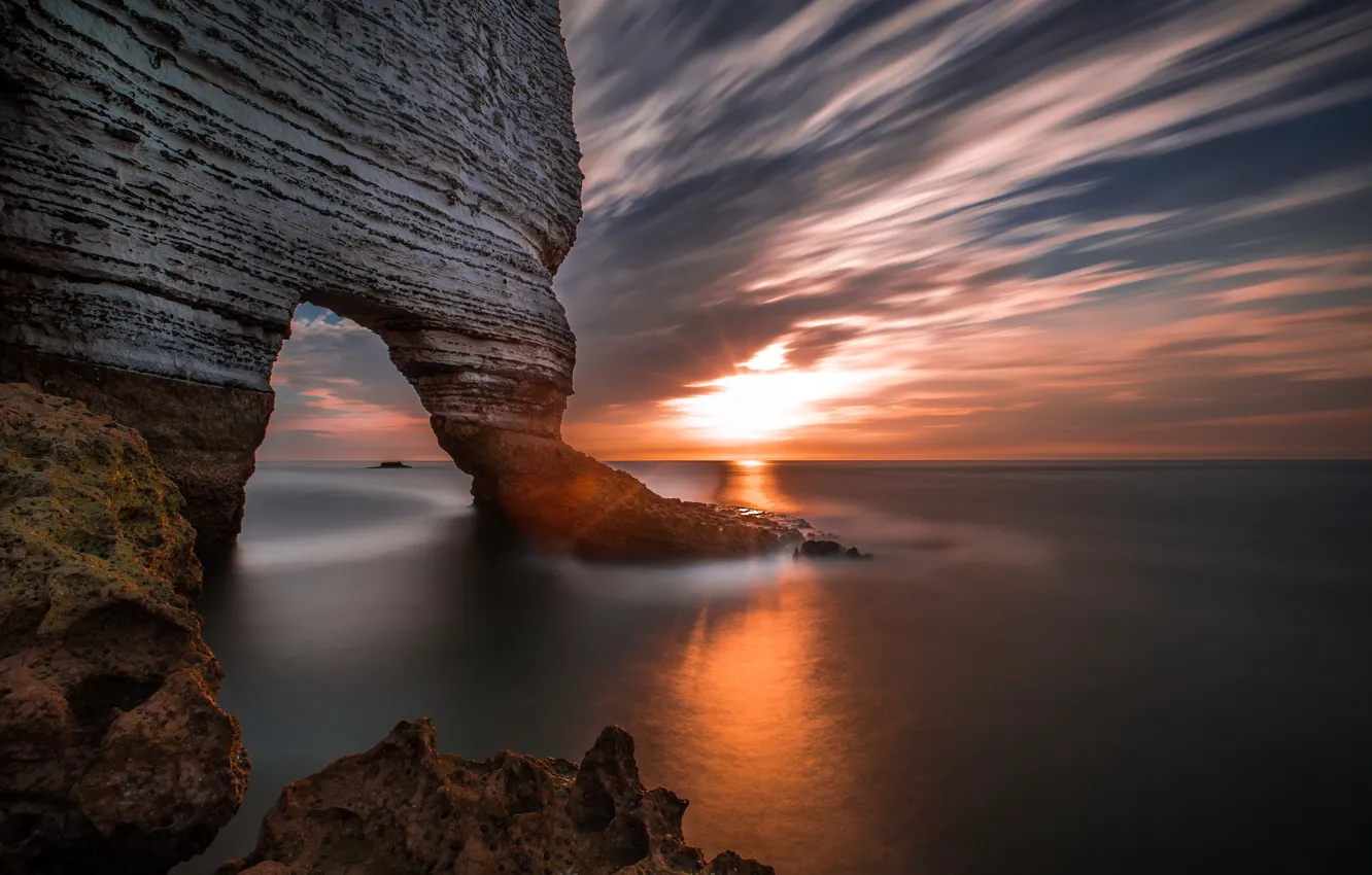 Photo wallpaper sea, the sun, sunset, rocks, arch