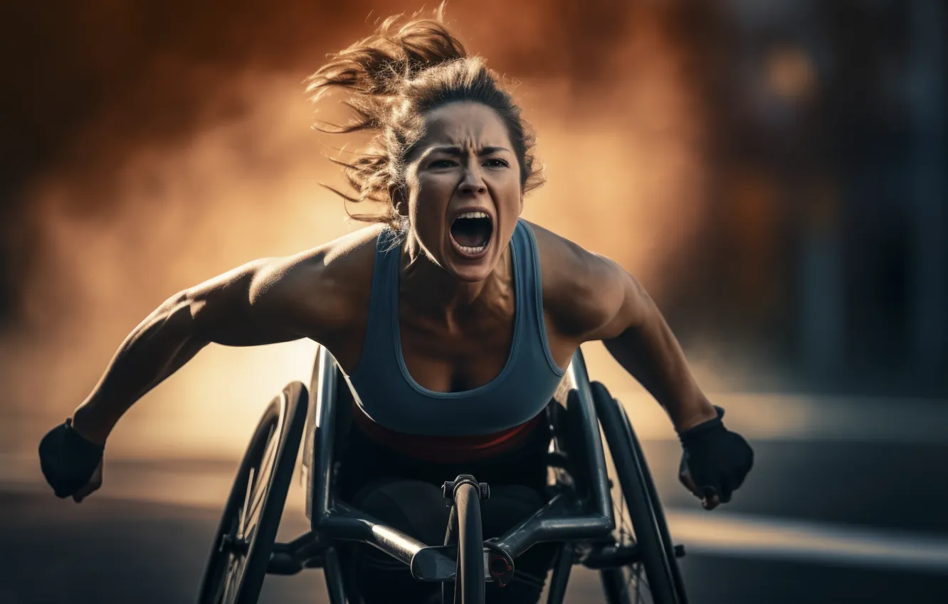 Photo wallpaper girl, stroller, Creek, digital art, AI art, The Art of Artificial Intelligence, A disabled athlete, …