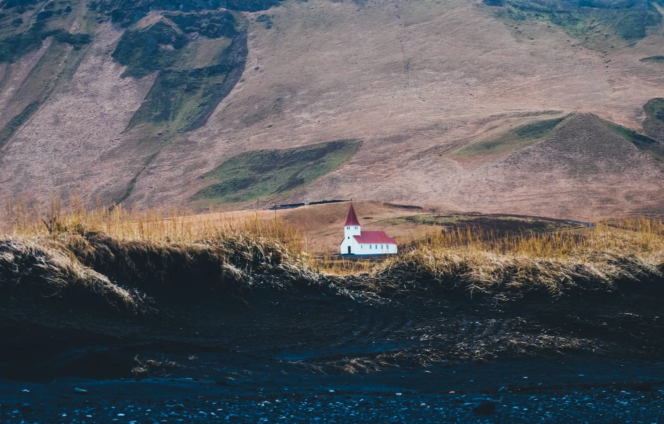 Photo wallpaper land, mountain, hills, Iceland, building, church, construction, soil
