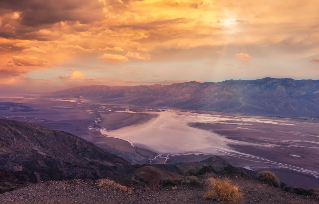Photo wallpaper the sky, the sun, clouds, rays, light, mountains, freshness, fog