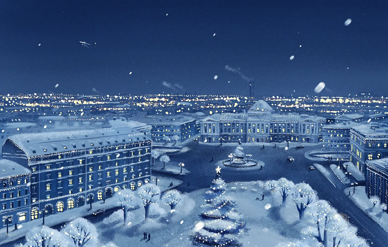 Photo wallpaper winter, snow, the city, the plane, view, new year, Christmas, christmas