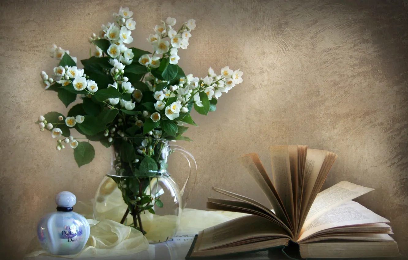 Photo wallpaper wall, perfume, book, vase, Jasmine