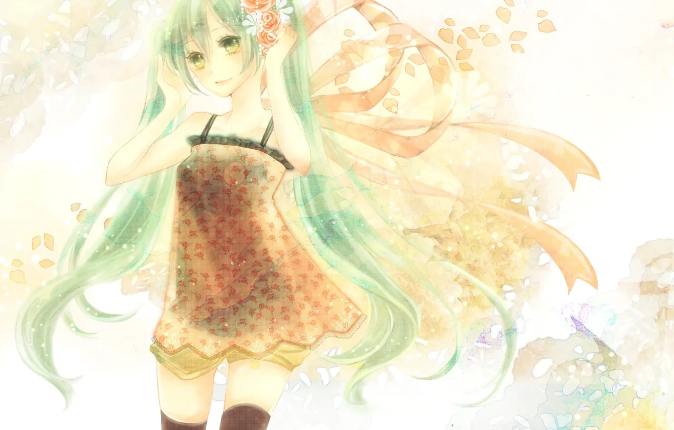 Photo wallpaper girl, flowers, tape, roses, petals, art, vocaloid, hatsune miku