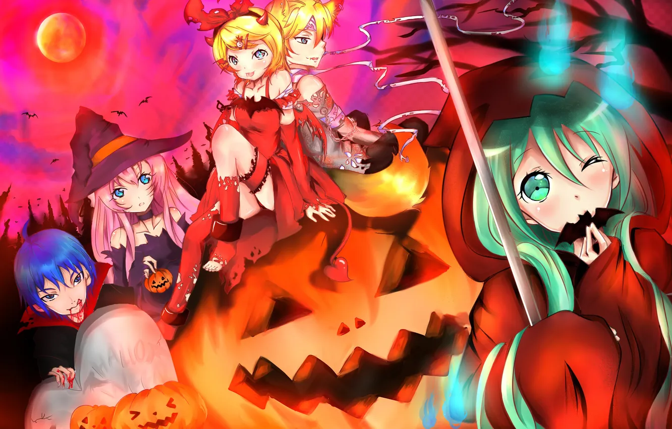 Photo wallpaper girl, holiday, the moon, hat, art, pumpkin, bat, guy