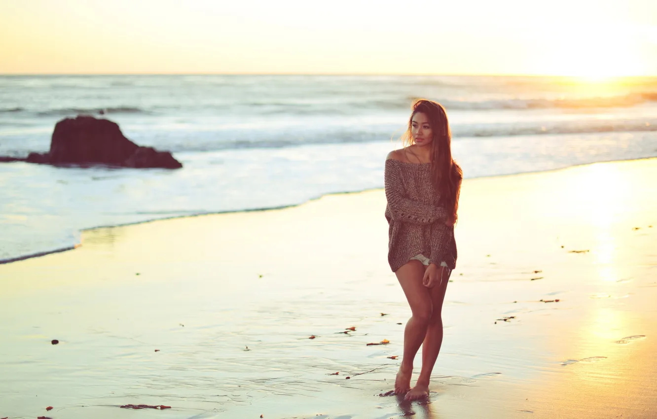 Photo wallpaper sea, beach, girl, the sun, sunset, Hayley Garage