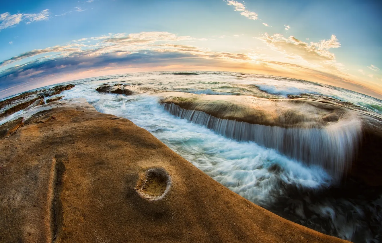 Photo wallpaper sunset, stones, horizon, surf, The Pacific ocean