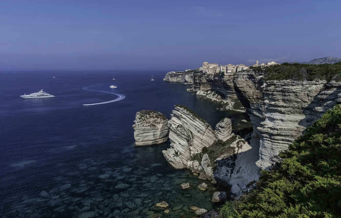 Photo wallpaper sea, rocks, coast, France, yachts, France, Corsica, The Mediterranean sea