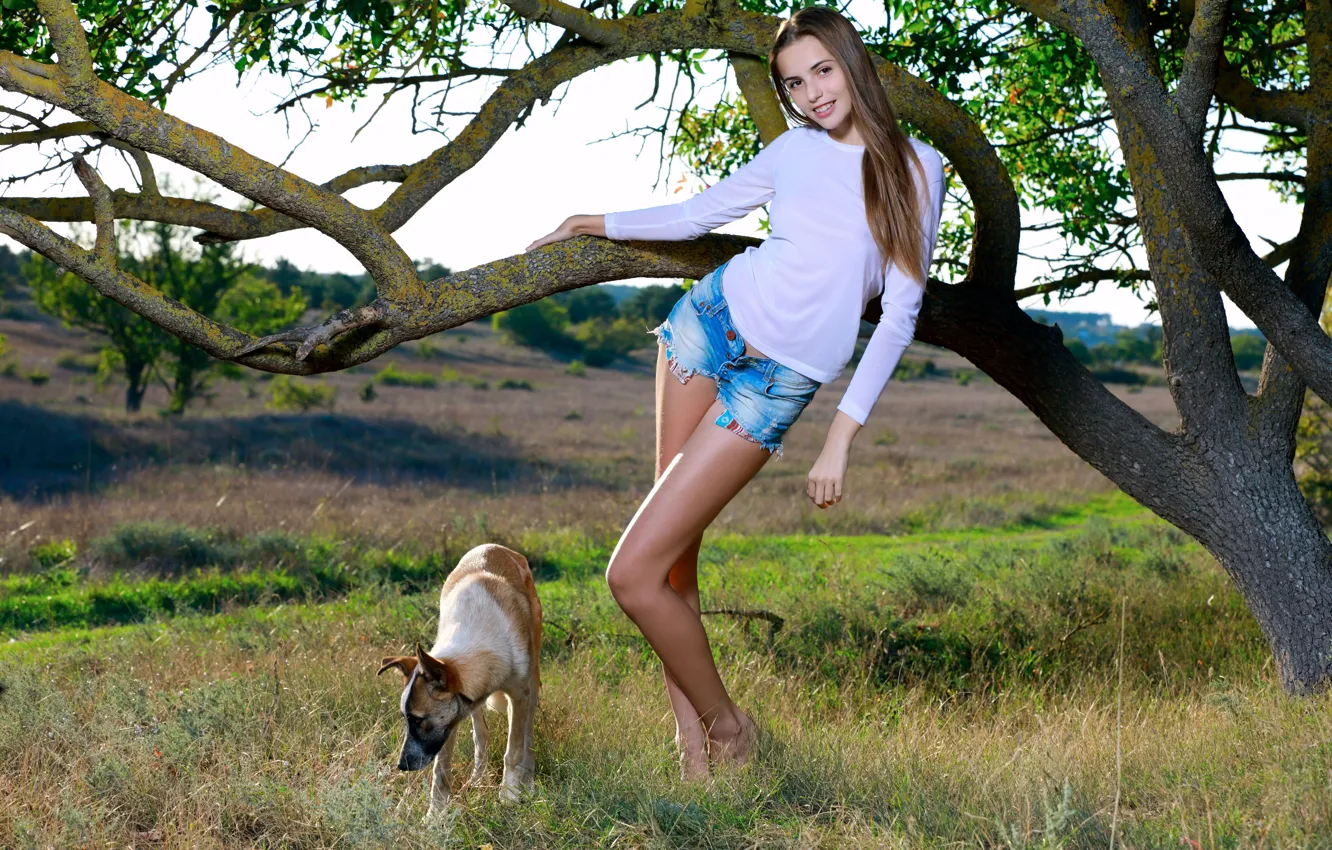 Photo wallpaper girl, shorts, dog